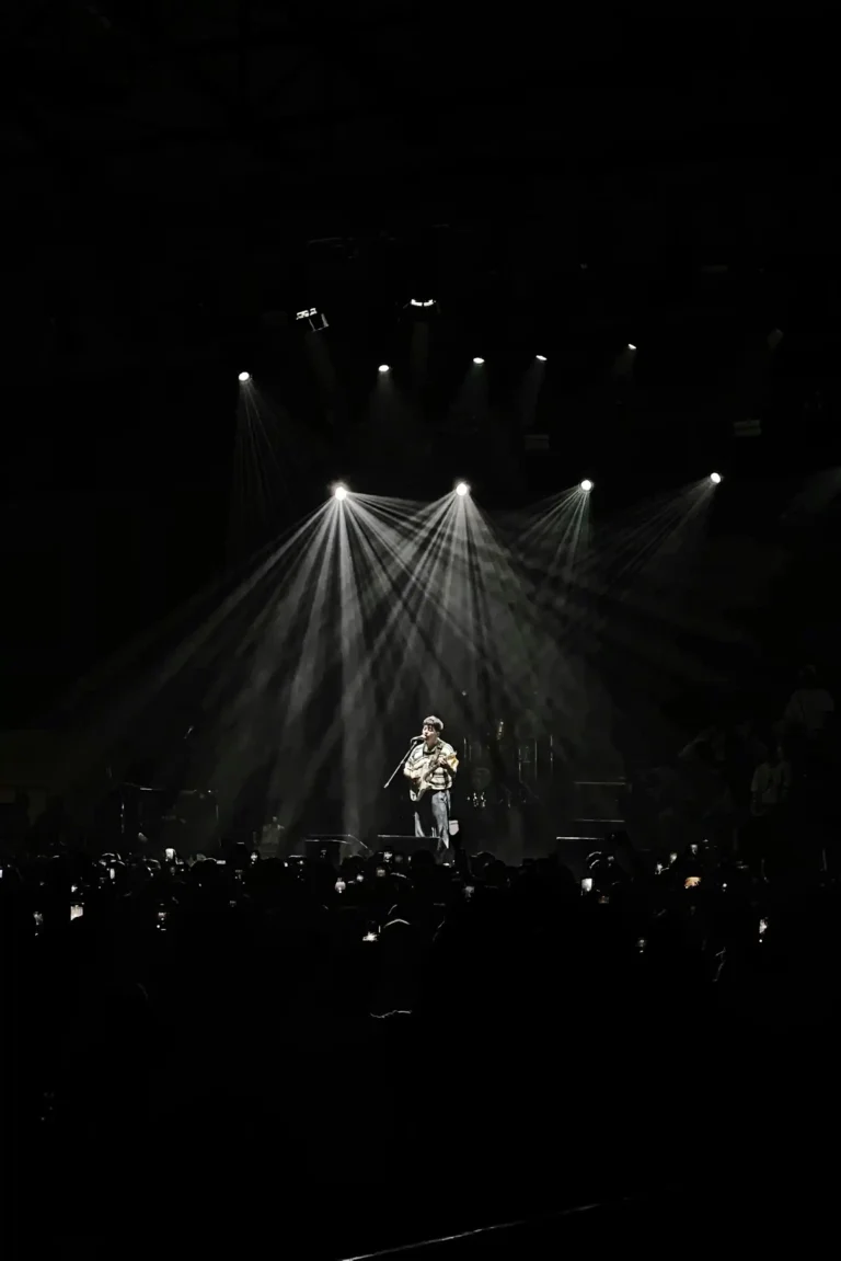 Image d'une salle de concert avec un guitariste chantant en solo.